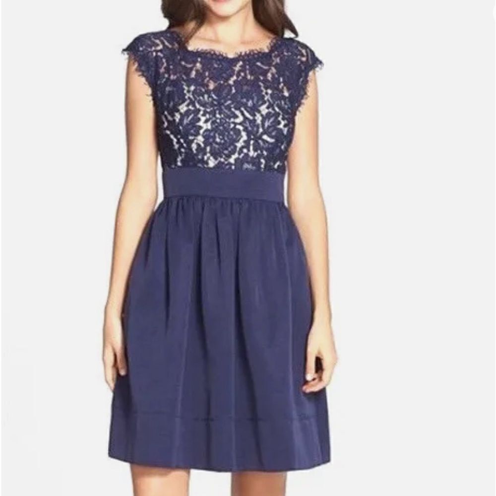 Eliza J Blue Lace & Faille Fit & Flare Navy Blue Dress Size 2